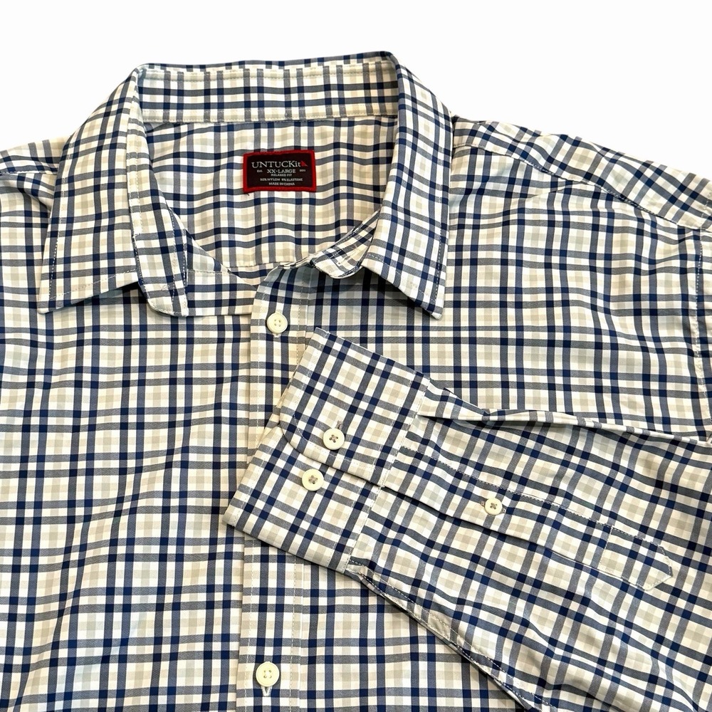 Untuckit Shirt Mens‎ XXL Gray Blue Plaid Nylon Performance Allendale Button Up